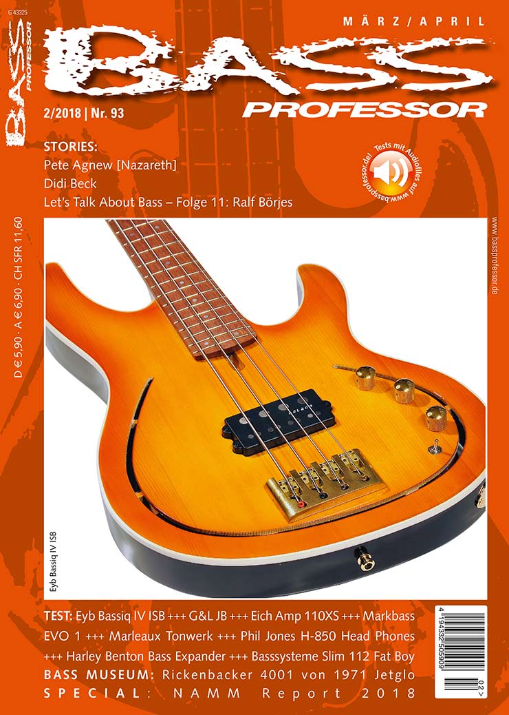 Bass Professor 2/2018, Ausgabe 93; Eyb Bassiq IV ISB; Eich Amplification 110 XS;G&L JB;Markbass EVO 1;Marleaux Tonwerk;Phil Jones H-850 Kopfhörer;Harley Benton Bass D.I.-Expander;BS Basssysteme Slim 112 Fat Boy;68 Jens Gears;Jürgen Attig;Rolf Sander;Raoul Walton;Nick Beggs;Wal;Pete Agnew;Didi Beck;Ralf Börjes;NAMM 2018;Rickenbacker 4001